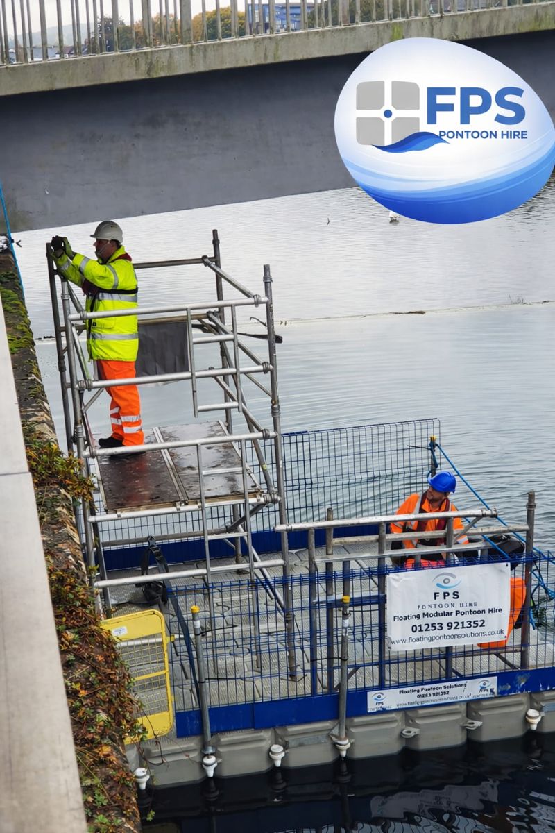 Floating pontoon platform providing close bridge inspection access over water