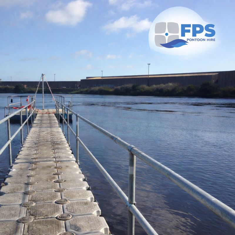 Industrial lagoon floating walkway and pump platform supplied by FPS Pontoon Hire