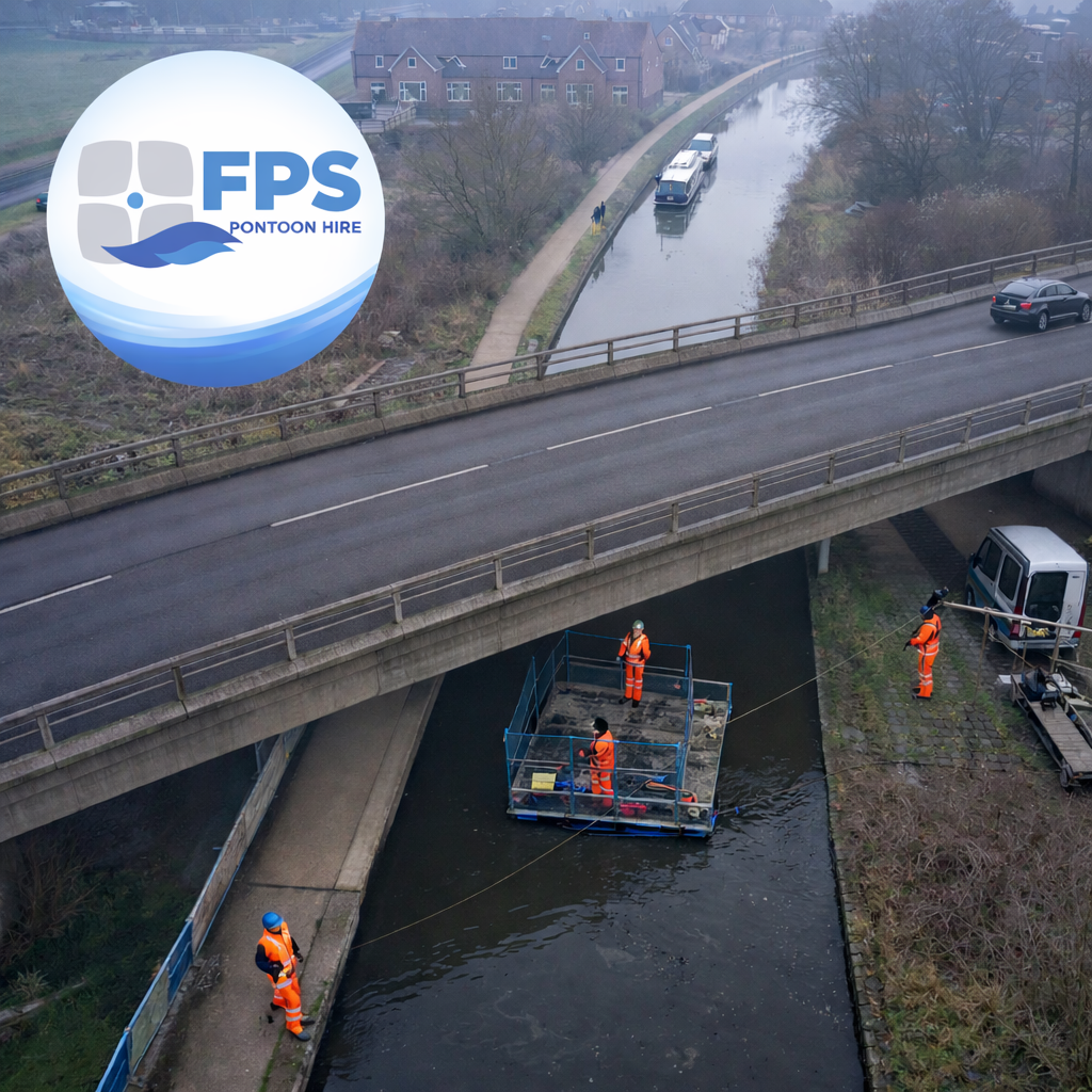 Floating pontoon platform providing access beneath a live road bridge for maintenance works