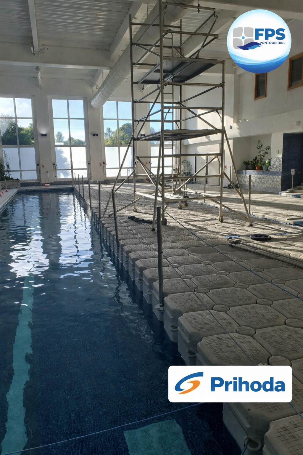 Floating pontoon access supporting swimming pool ventilation maintenance works