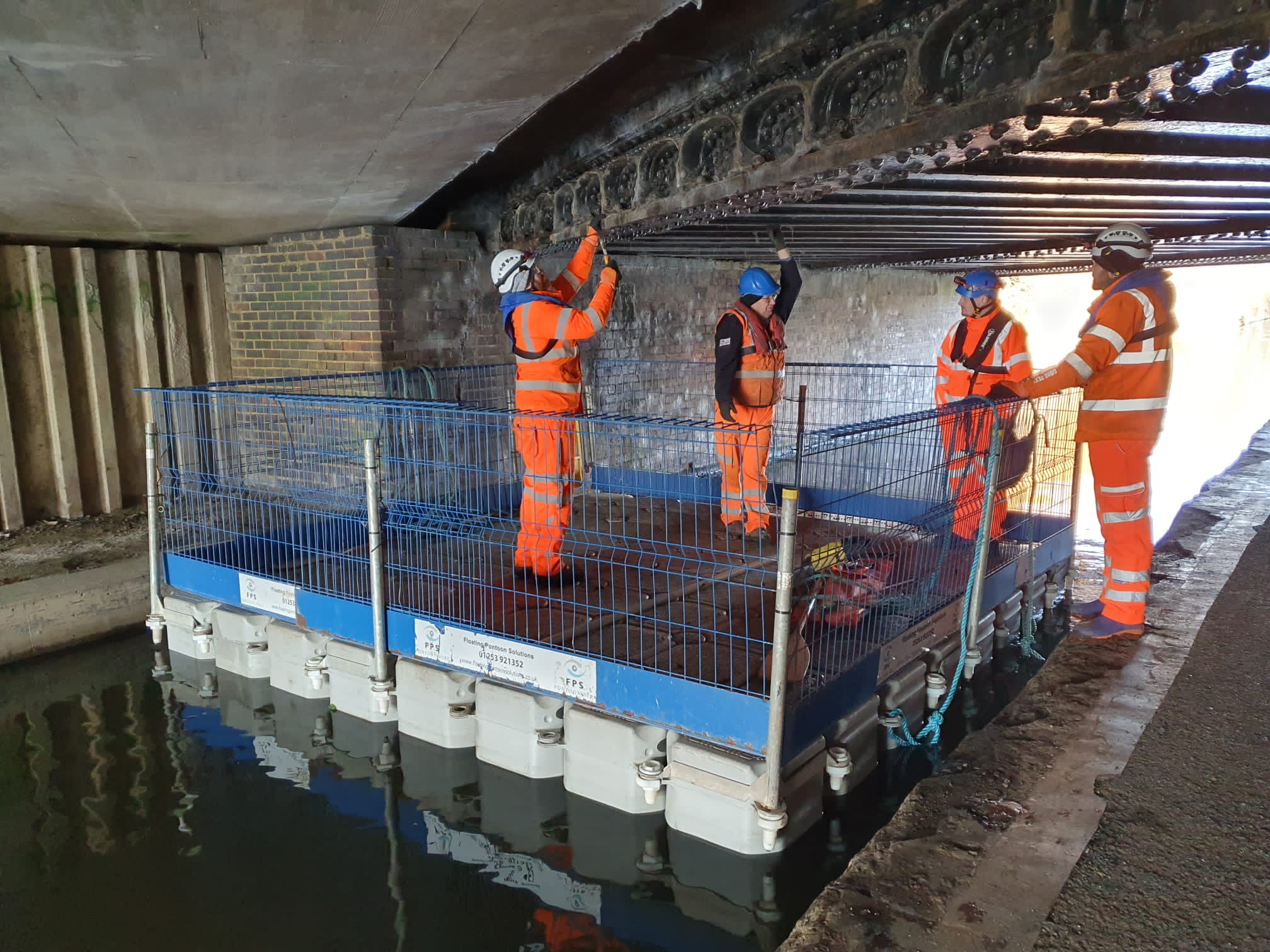 Floating pontoon platform supporting bridge inspection for Solihull Metropolitan Borough Council